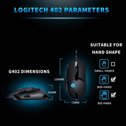 Mouse gaming cablato Logitech G402, processore ARM a 32 bit, 8 pulsanti, 500 IPS, antiscivolo, per sessioni di gioco e lavoro per tutto il giorno