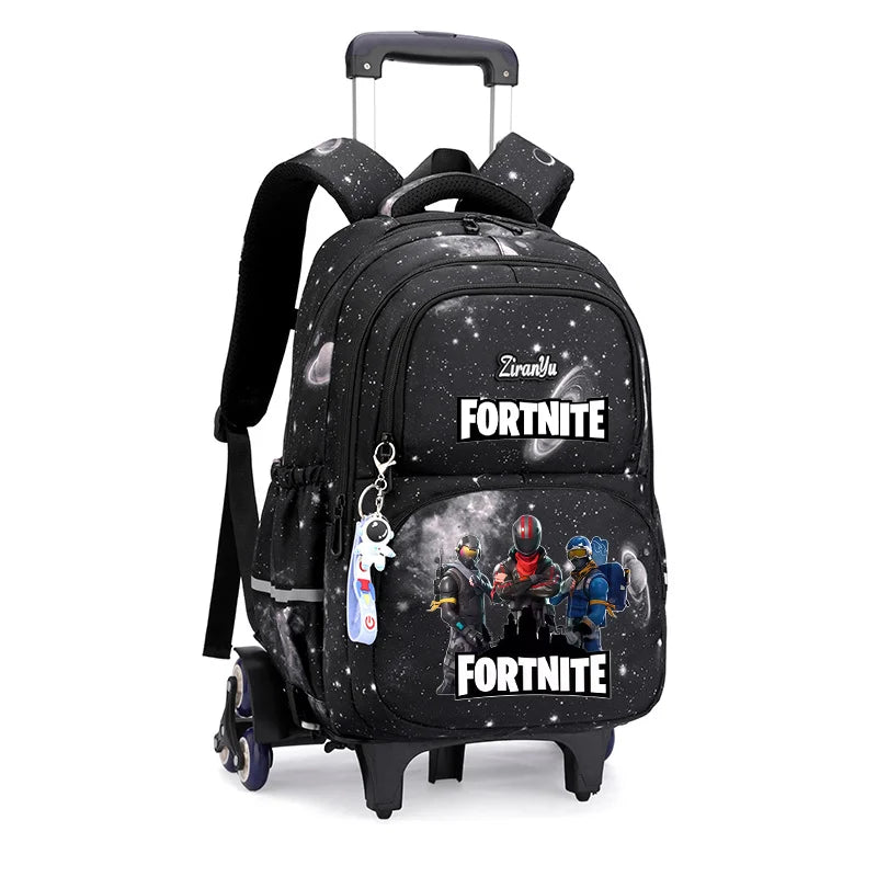 Mochila com Rodas Fortnite Anime, Impermeável, de Grande Capacidade, para Estudante — Saco Escolar Casual de Viagem com Carrinho e Subida Fácil de Escadas