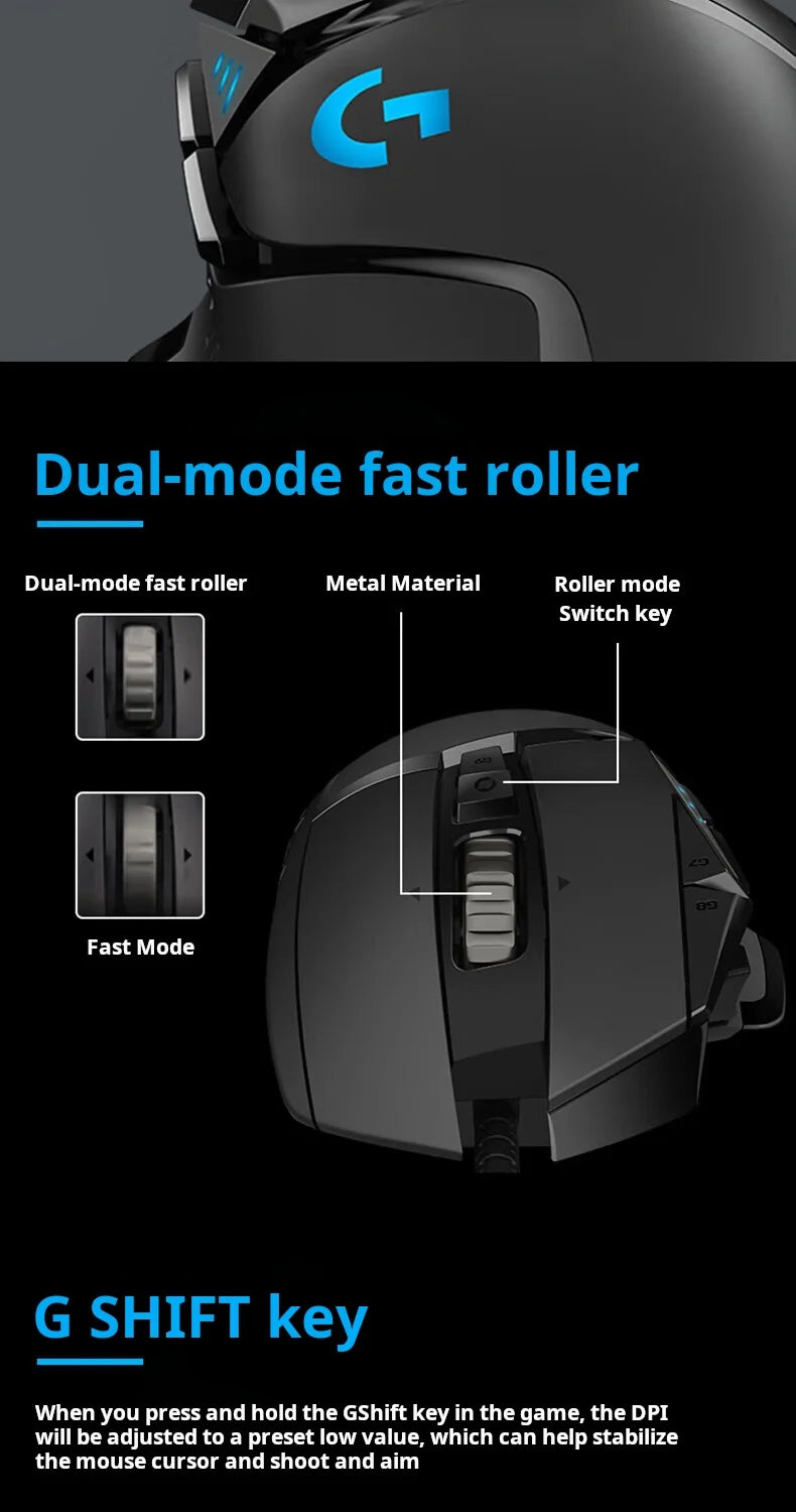 Mouse gaming cablato Logitech G502 HERO per e-sport, mouse meccanico con luce RGB, peso regolabile e macro programmabili per “Chicken Dinner”