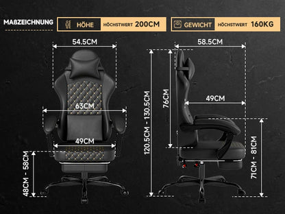 Silla gaming ergonómica PINGGO con reposapiés, masaje y cuero PVC, silla de oficina para PC gaming, capacidad de carga 150kg