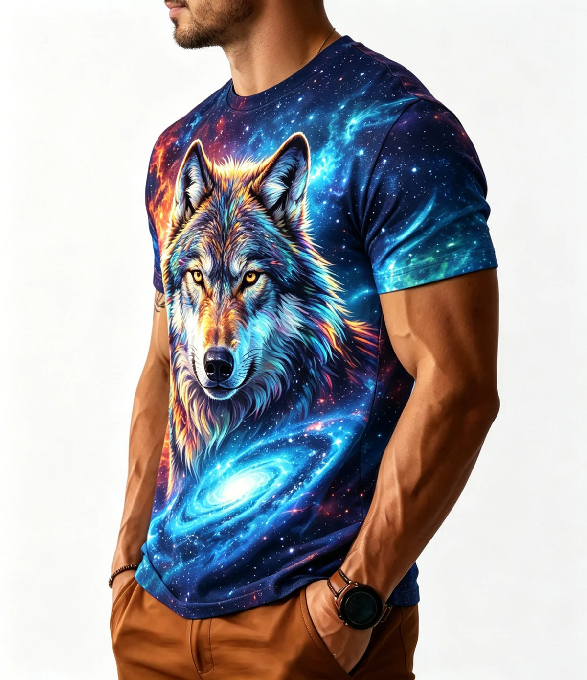 Férfi Galaxy Wolf póló, varratmentes, teljes felületen nyomtatott 3D kozmikus űr és vadvilág grafikával, kerek nyakú, szabadidős, rövid ujjú póló