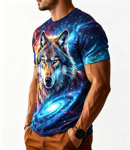 Férfi Galaxy Wolf póló, varratmentes, teljes felületen nyomtatott 3D kozmikus űr és vadvilág grafikával, kerek nyakú, szabadidős, rövid ujjú póló