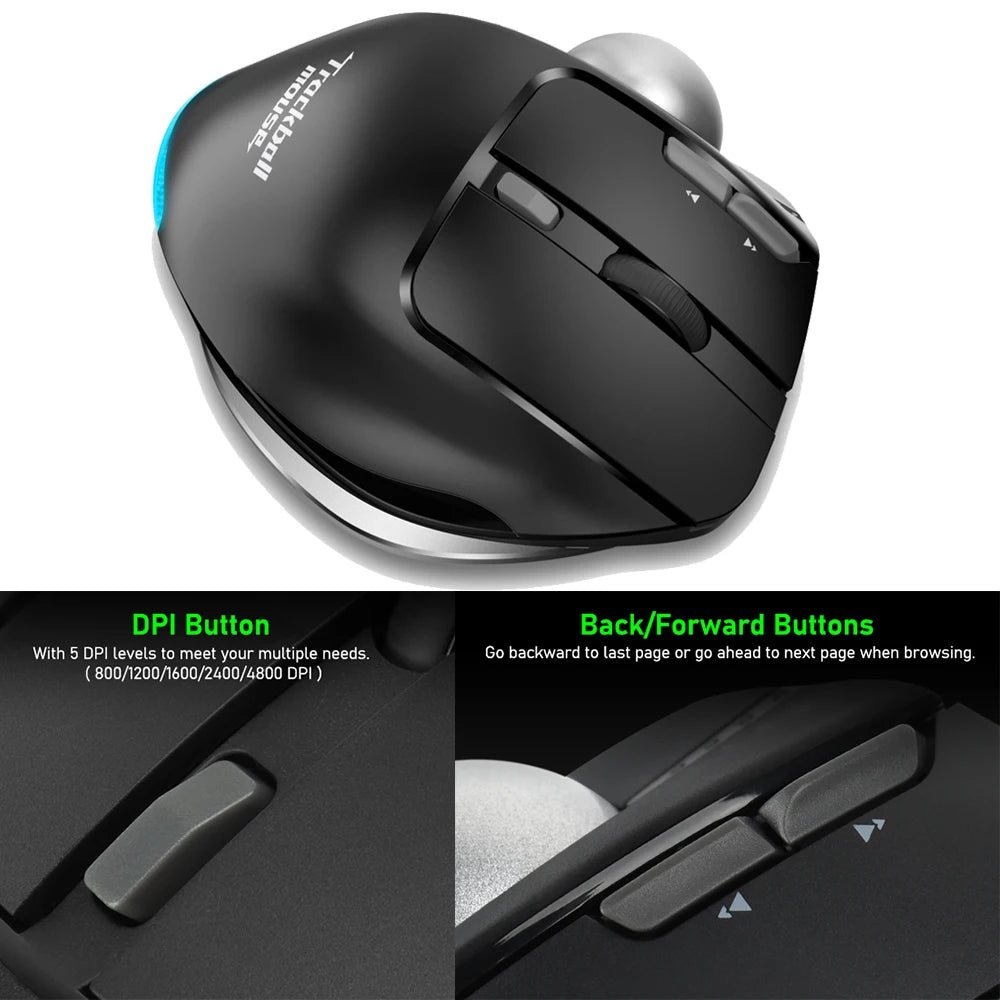 Lefon F33 Bluetooth Ergonomic Trackball Mouse, Rechargeable Wireless Trackball Mouse with Bluetooth & 2.4G, 4800 DPI Ergonomic Rollerball Mouse for PC, Office & Drawing