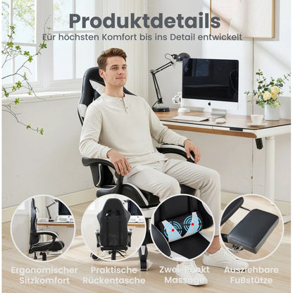 360° Swivel Ergonomic Racing Design Gaming Chair Leather High Back Office Chair Height Adjustable Task Chair, Black & White