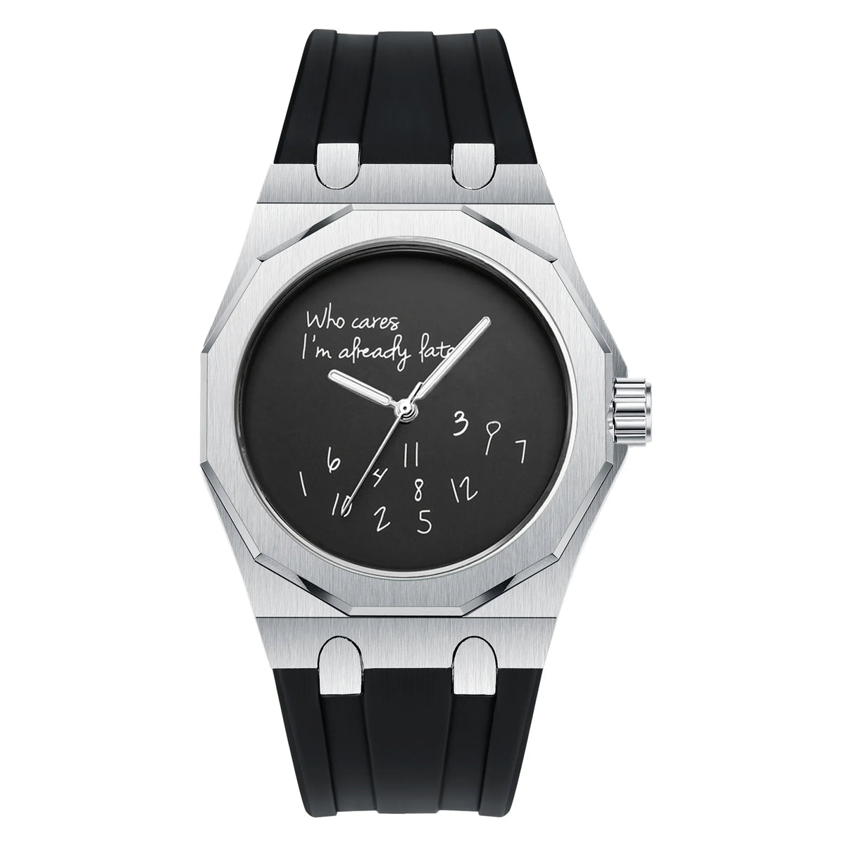 Montre pour homme de luxe avec boîtier octogonal et bracelet en silicone, étanche, dotée d'un cadran arborant le slogan humoristique « Who Cares I'm Already Late » (Et puis quoi, je suis déjà en retard).