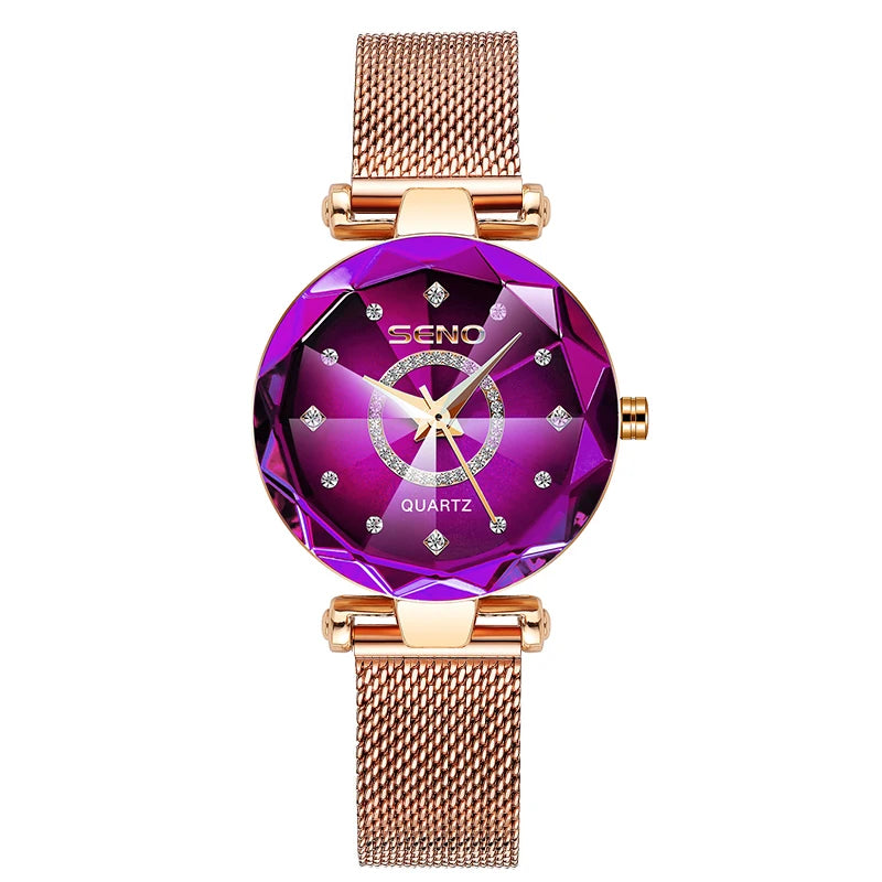 SENO Ocean Star Women Crystal Watch 2025 Top Brand Luxury Rose Gold Women Bracelet Watch For Ladies Wrist Watch Relogio Feminino