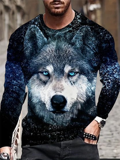 2024 Neues Herren-Langarmshirt mit Wolf-Print – lässiges Herren-Shirt für Frühling und Herbst, Street-Fashion-Langarmshirt