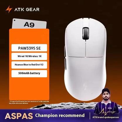 Mouse gaming wireless ATK A9 con tecnologia NearLink, ergonomico, PAW3395, tri-mode Bluetooth a bassa latenza, mouse esports per PC