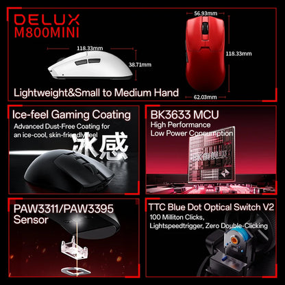 Delux M800mini trådlös gamingmus, 46g lätt, PAW3395/PAW3311, 1KHz polling rate för PC-gamers med små till medelstora händer