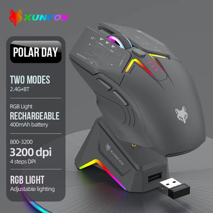 Mouse wireless Bluetooth dual-mode XUNSVFOX H2 con effetti di illuminazione RGB, per laptop, gaming e ufficio, ricarica magnetica