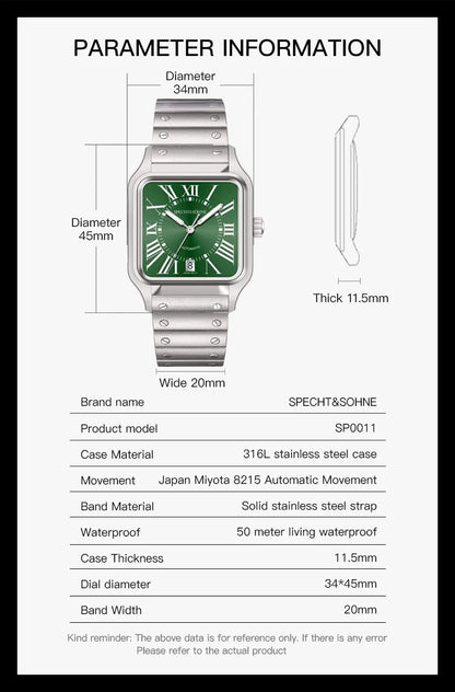 2025 New High Quality Specht&Sohne Watch 34MM Men Automatic Mechanical Watches Green Color Sapphire Stainless Steel Reloj Hombre