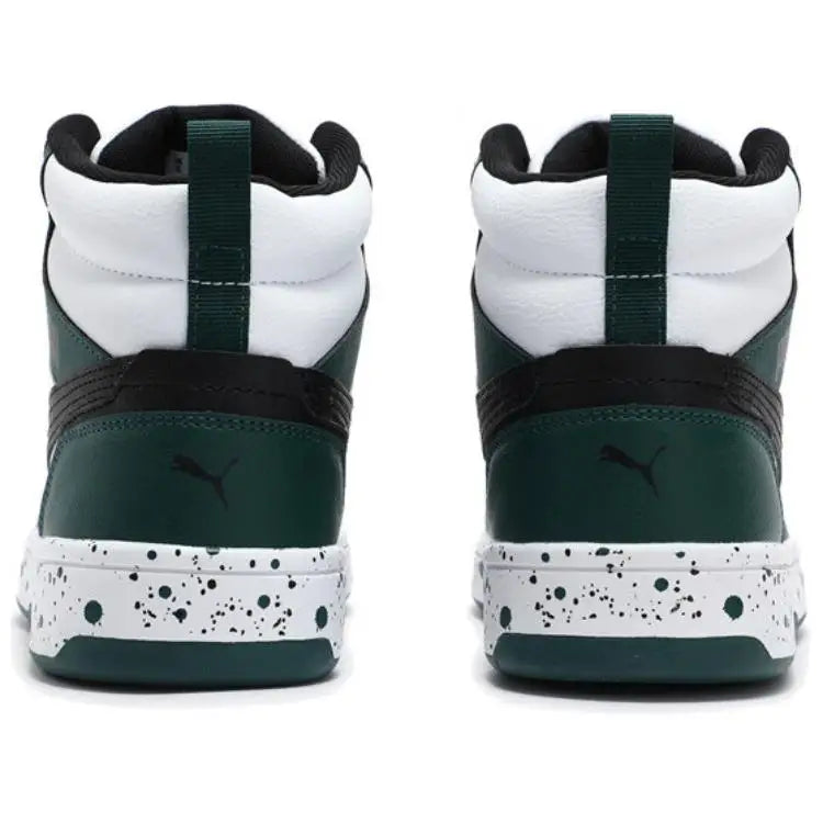 Baskets basses Puma Rebound V6, modèle rétro, couleur blanc et vert, 400849-01.