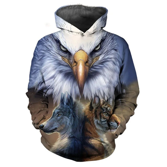 Sweatshirt com capuz oversized casual unissexo com estampado 3D de tigre, águia e lobo, estilo descontraído, pulôver de moda popular para homem