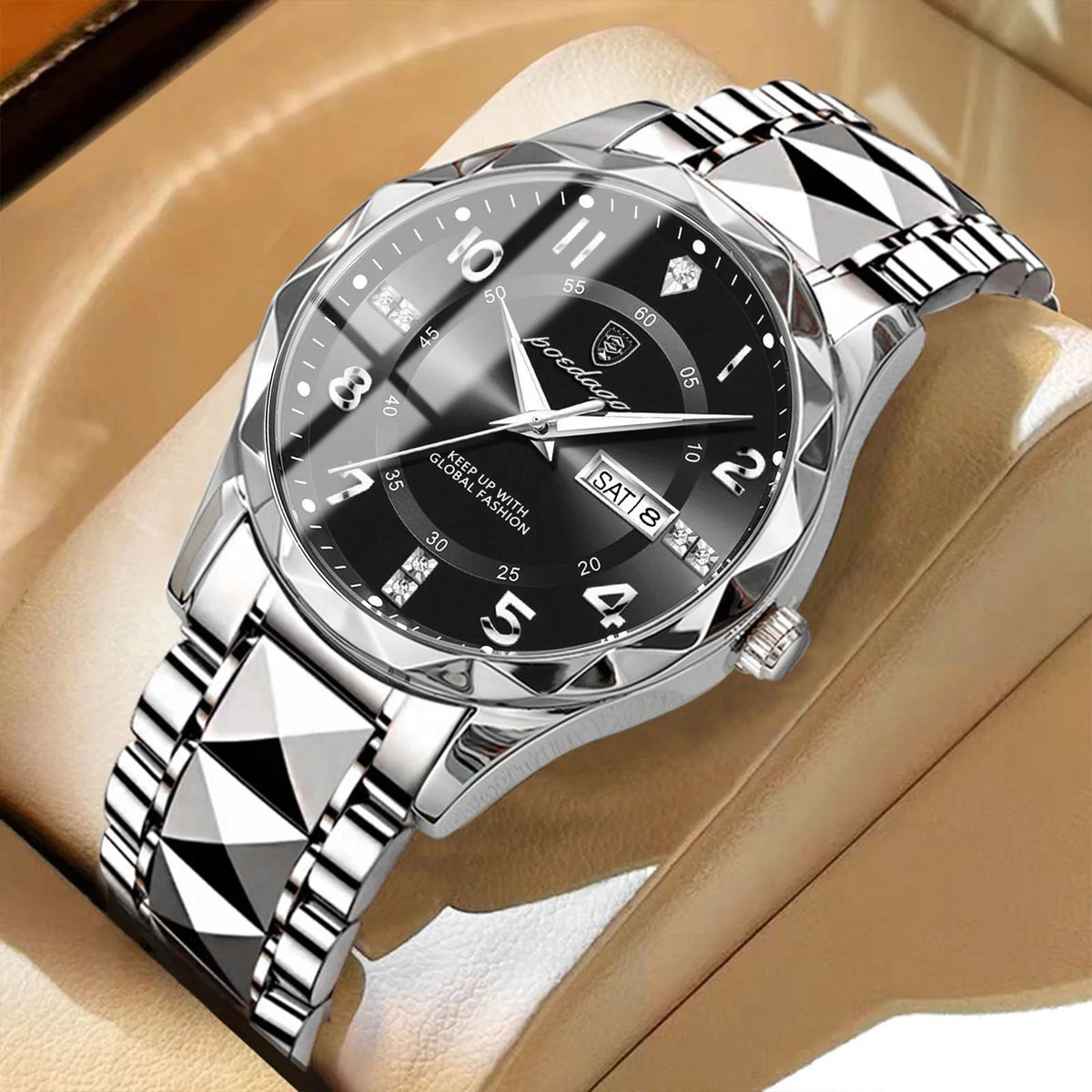 POEDAGAR Fashion Luxury men’s watch, water-resistant, luminous, quartz, stainless steel strap, date and day of the week, casual style.