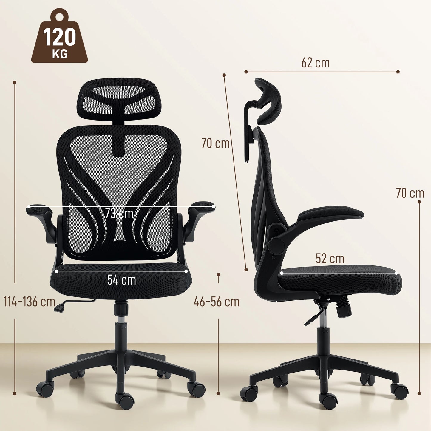 HOMCOM Chair Ergonomic desk, Mesh desk armchair with Foldable Fold, 2D Headrest, Bracing, Bracing, so