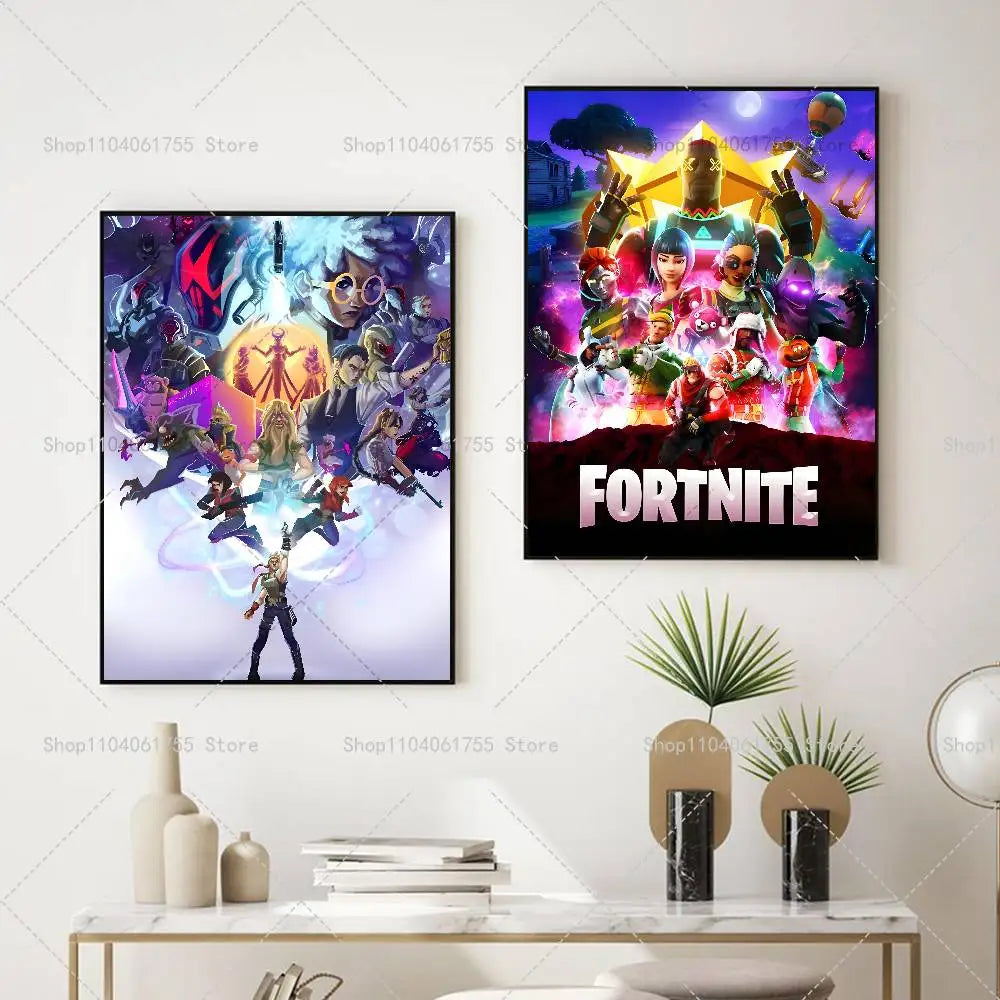 F-Fortnites-Game Póster Popular Autocolante de Arte em Papel Impermeável para Decoração de Parede de Café, Bar e Quarto