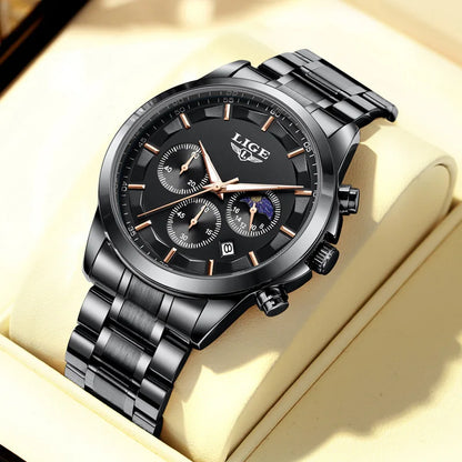 Montre pour homme LIGE – Chronographe à quartz de luxe, étanche (3 bars), avec aiguilles luminescentes