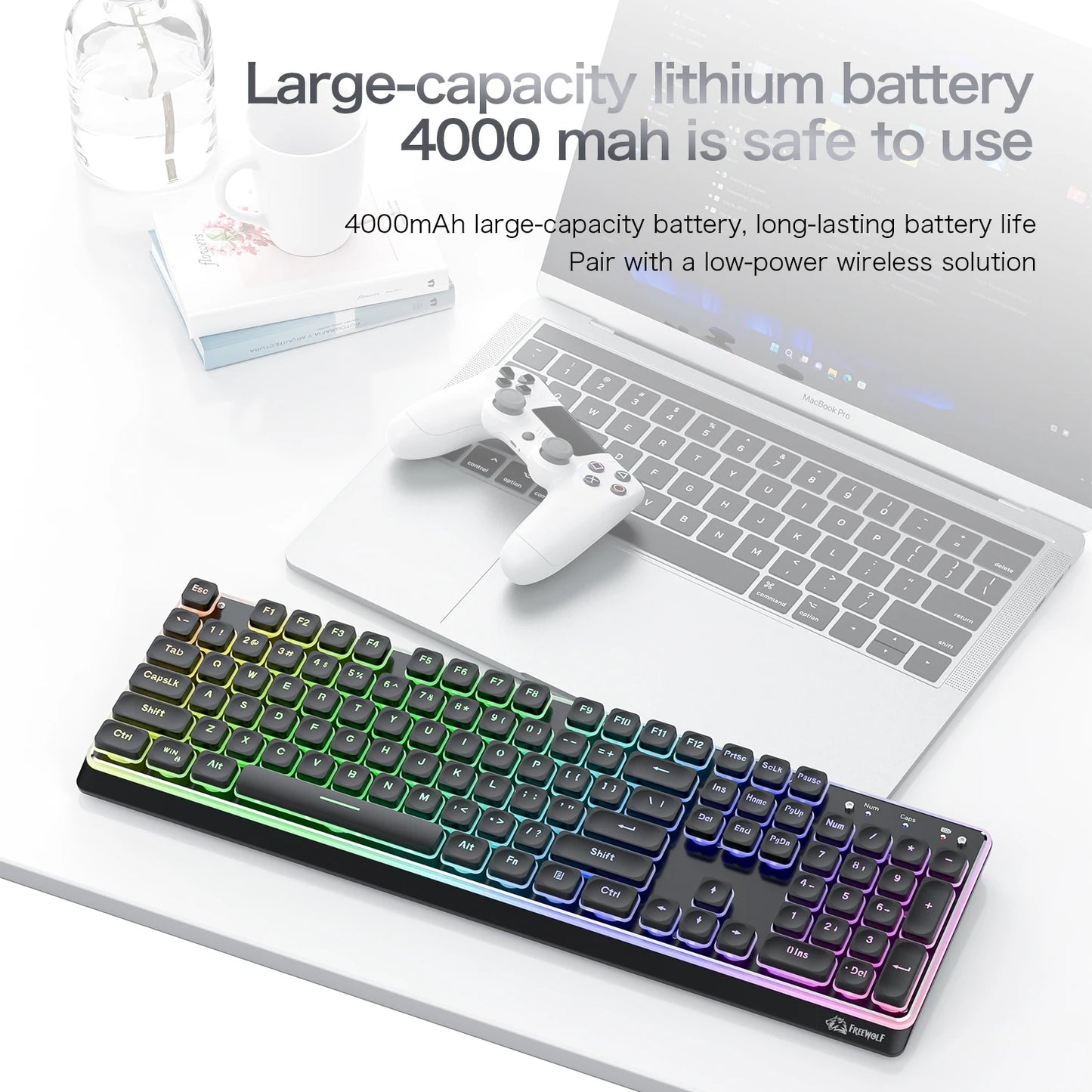 Freewolf M104 Tri-Mode Wireless Keyboard RGB 104 Keys Ultra Slim Quiet Membrane 4000mAh Large Battery for Office & Home