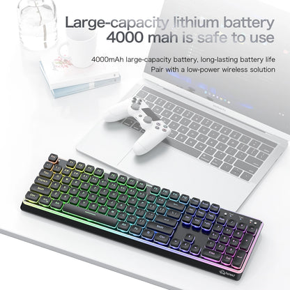 Freewolf M104 Tri-Mode Wireless Keyboard RGB 104 Keys Ultra Slim Quiet Membrane 4000mAh Large Battery for Office & Home