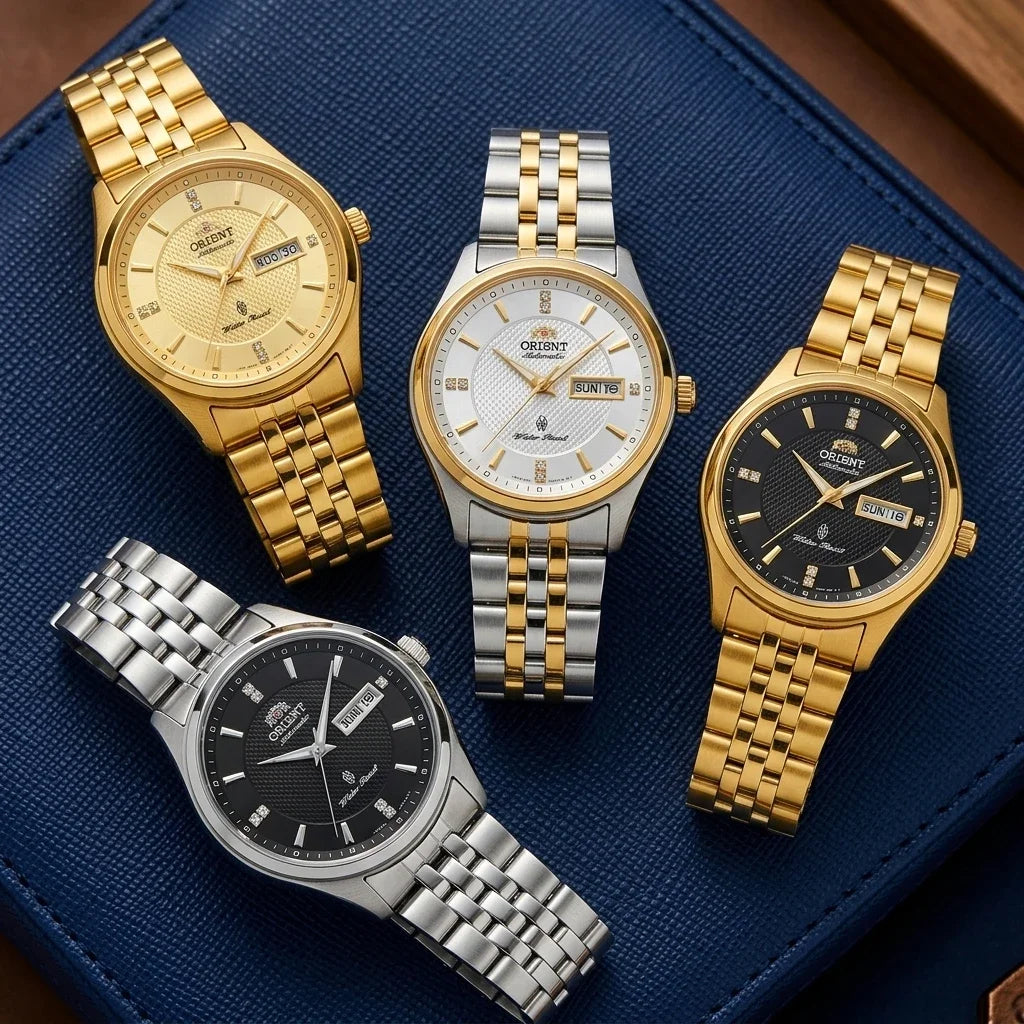 Mechanische Automatikuhr für Herren von Orient mit Doppelkalender (Datum und Wochentag), Kristallindexen und Edelstahlarmband – Armbanduhr im Business-Stil