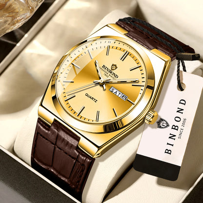 Montre-bracelet à quartz BINBOND de luxe avec bracelet en cuir, précise, lumineuse, étanche, affichage automatique de la date et du jour de la semaine, durable, pour homme.