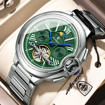 POEDAGAR Luxus-Herrenuhr – Mechanisches Automatikmodell mit Datums- und Wochentagsanzeige, Lederarmband, Tourbillon, wasserdicht, eleganter und professioneller Stil.
