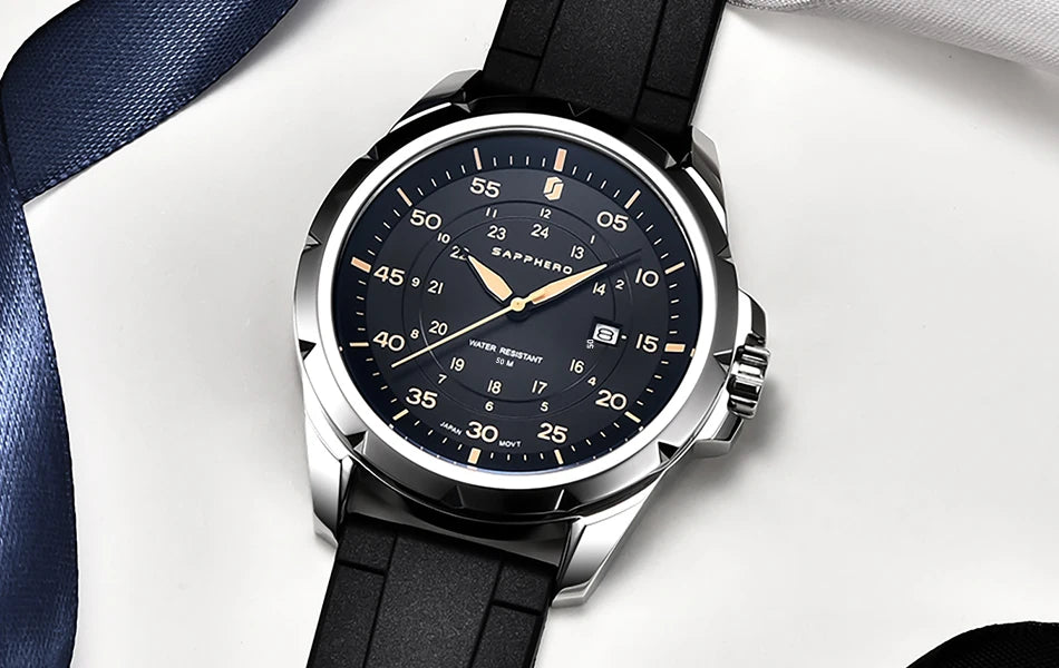 Reloj para hombre SAPPHERO: reloj de cuarzo de lujo, resistente al agua hasta 50 m, equipado con un mecanismo importado y una caja de acero inoxidable. Una idea de regalo ideal para hombre.