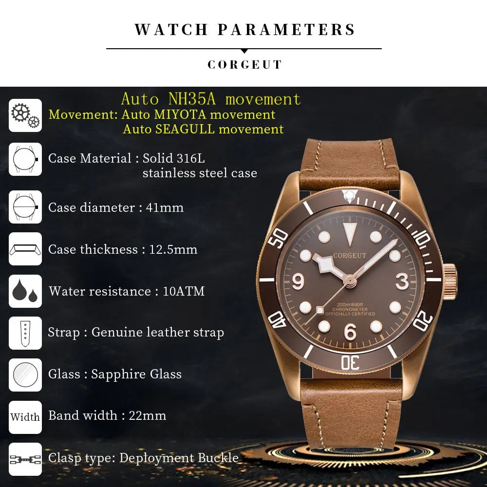 Luxury NH35A Corgeut 41mm Automatic Men's Watch PVD Case Sapphire Military Male 10BAR wim Watches Luminous Mechanical Wristwatches
