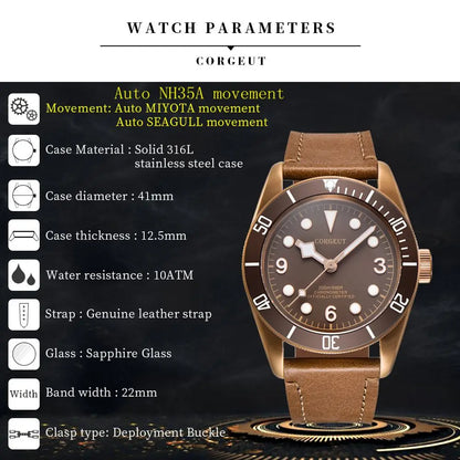 Luxury NH35A Corgeut 41mm Automatic Men's Watch PVD Case Sapphire Military Male 10BAR wim Watches Luminous Mechanical Wristwatches