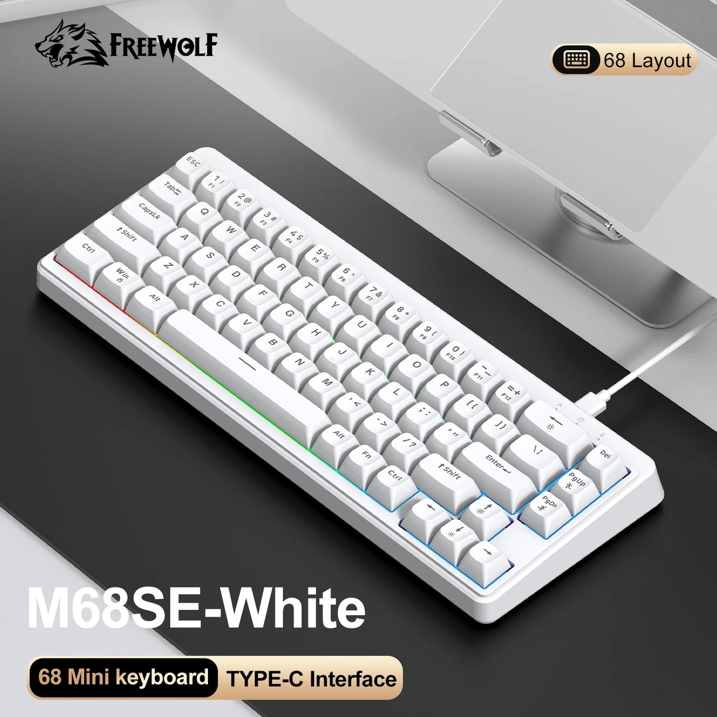 FREEWOLF M68SE tastiera mini cablata a 68 tasti, retroilluminazione RGB, Type-C, layout 68%, compatta, per gaming, ufficio, PC e laptop