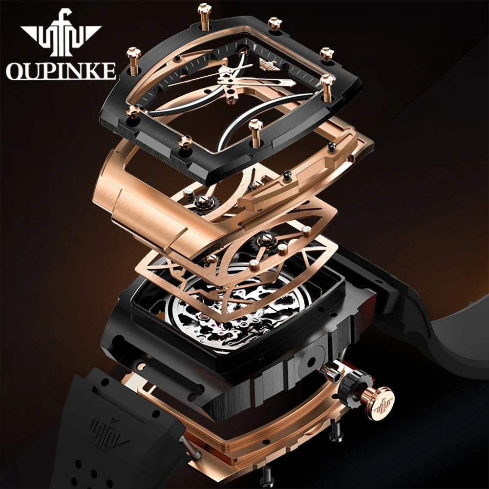 Reloj OUPINKE para hombre, clásico de lujo, esfera tonneau, marca premium original, movimiento mecánico automático, correa de silicona, cristal de zafiro, nuevo