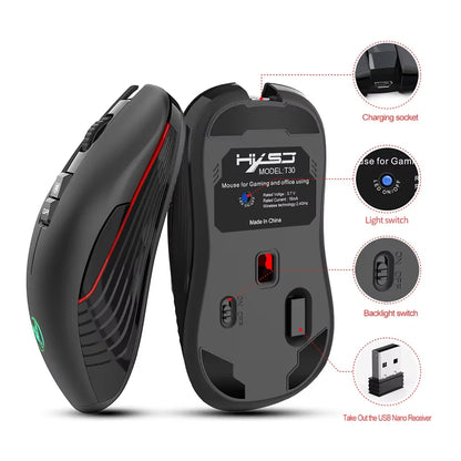 Rato sem fios recarregável por USB para destros, rato Type-C para portátil e computador, clique silencioso, retroiluminado, rato gaming 3600cpi