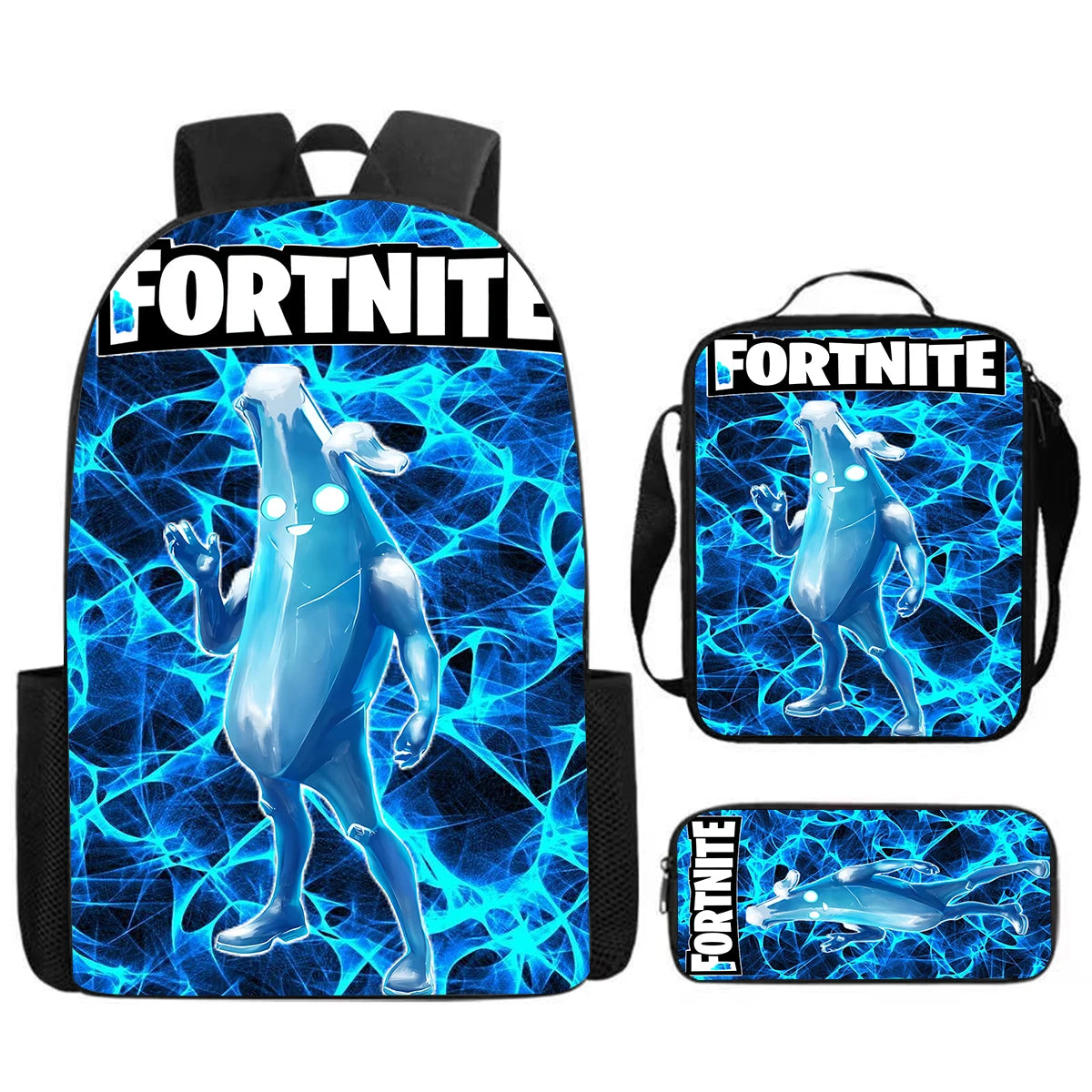 Set Fortnite Cartoon de 3 piezas, gran capacidad, adecuado para niños y niñas de 5 a 8 años, incluye mochila, bolsa para comida y estuche para lápices