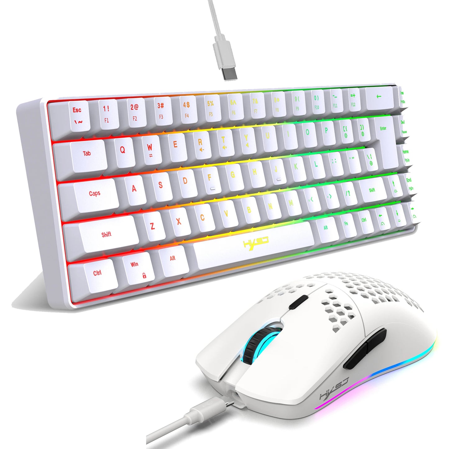 Conjunto gaming portátil HXSJ 60% RGB de teclado y ratón: teclado de membrana con cable de 68 teclas y ratón inalámbrico ligero de 3 modos para PC y Mac