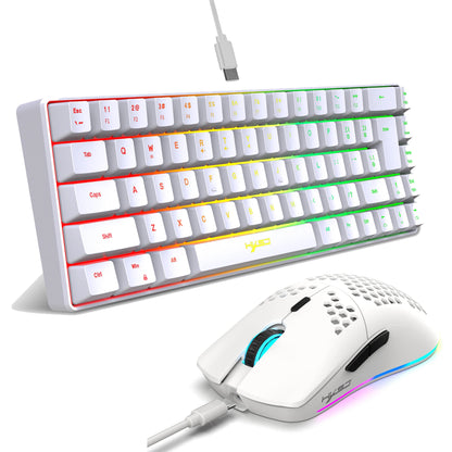 Conjunto gaming portátil HXSJ 60% RGB de teclado y ratón: teclado de membrana con cable de 68 teclas y ratón inalámbrico ligero de 3 modos para PC y Mac