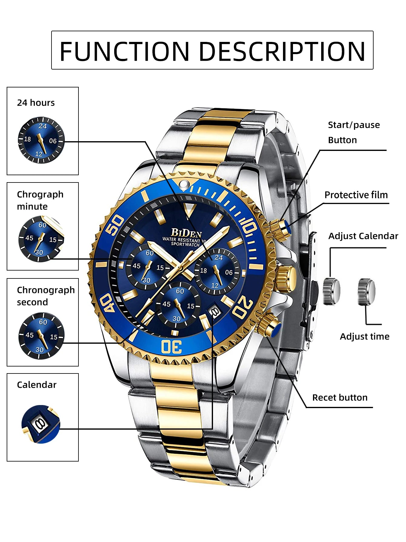 BIDEN Multi functional men's quartz watch luxury waterproof night light business style diving series casual fashion watch