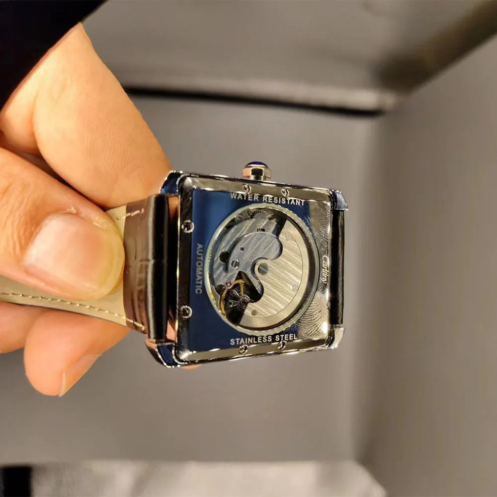 Luxusní automatické pánské hodinky – mechanické náramkové hodinky, elegantní model renomované značky, čtvercové pouzdro z nerezové oceli, vodotěsné – CARLTINY