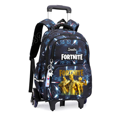 Mochila com Rodas Fortnite Anime, Impermeável, de Grande Capacidade, para Estudante — Saco Escolar Casual de Viagem com Carrinho e Subida Fácil de Escadas