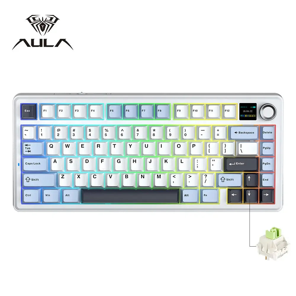 Teclado Mecânico Gaming AULA F75 MAX 2.4G Sem Fios/BT/Com Fio Hot-Swap RGB 75% 81 Teclas Teclado de Escritório com Ecrã TFT