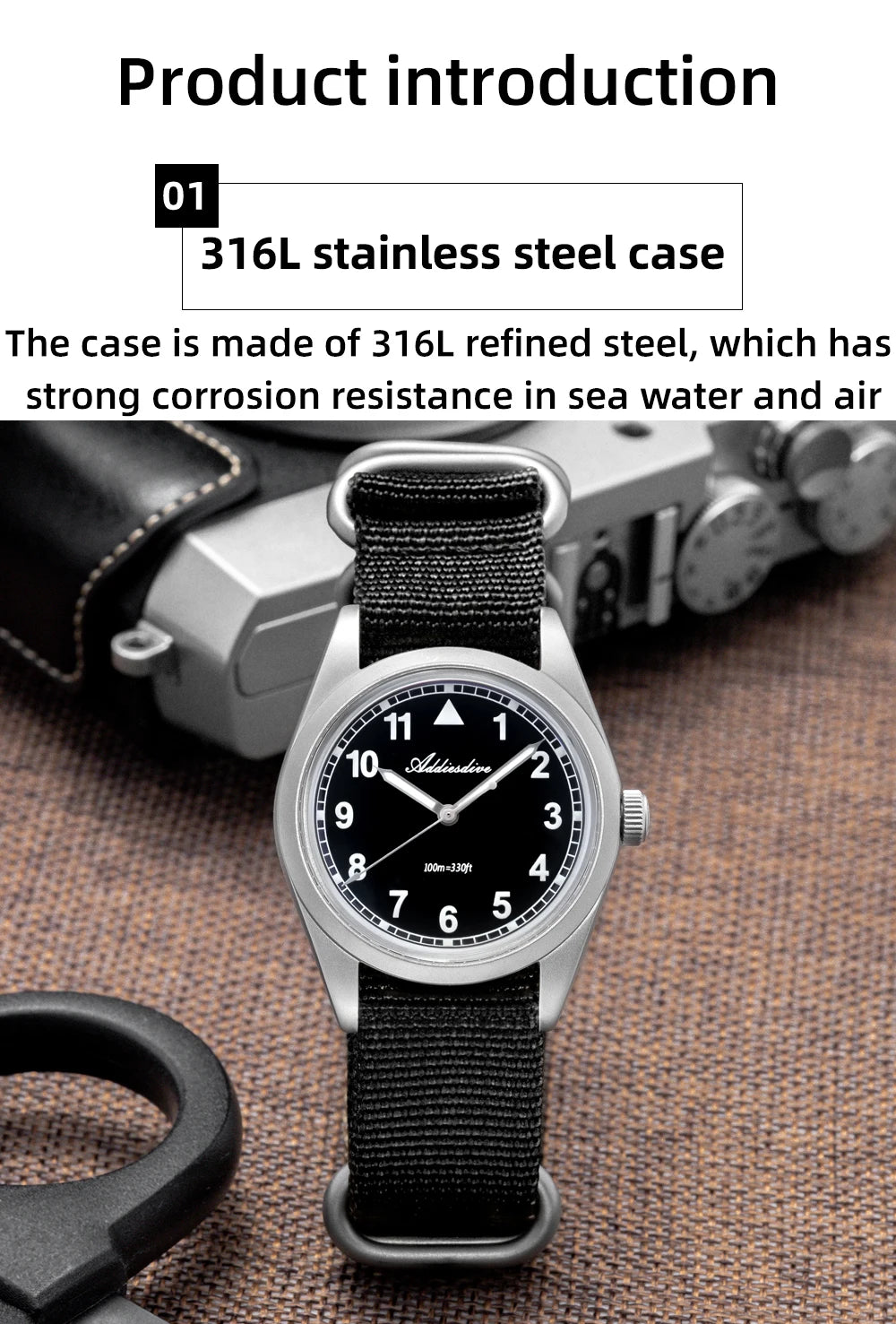 Relógio analógico masculino ADDIESDIVE 36mm com vidro espelhado bolha, 100m à prova de água, luminoso, simples, em quartzo, com bracelete em nylon