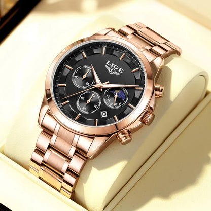Montre pour homme LIGE – Chronographe à quartz de luxe, étanche (3 bars), avec aiguilles luminescentes