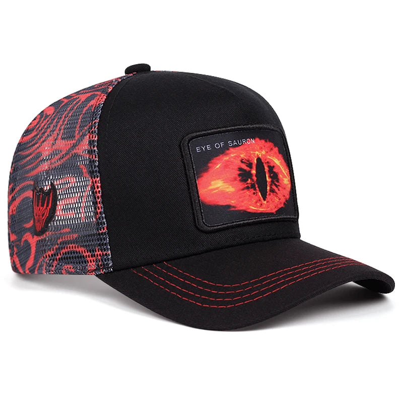 baseballová čepice s graffiti „Eye of Sauron“, hiphopová síťovaná čepice, trucker čepice