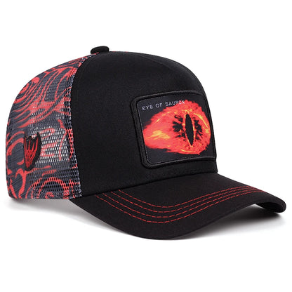 baseballová čepice s graffiti „Eye of Sauron“, hiphopová síťovaná čepice, trucker čepice