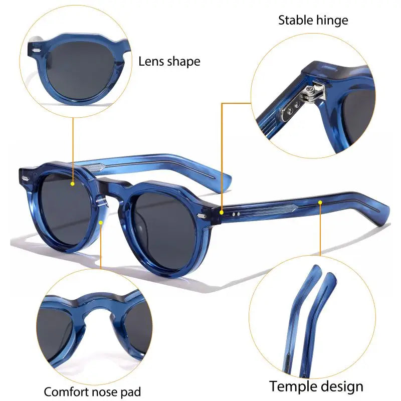 HBK Vintage Simple Round Men Sunglasses Small Frame High-Quality Acetate Frame Sun Glasses Women Party Travel Outdoor Glasses