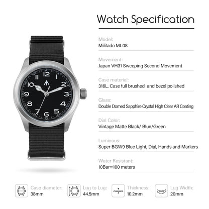 Relógio de Quartzo Vintage Militar Militado ML08 V2 com Movimento VH31, Vidro Duplo de Safira, Luminescência C3 BGW-9, Impermeável, 38mm