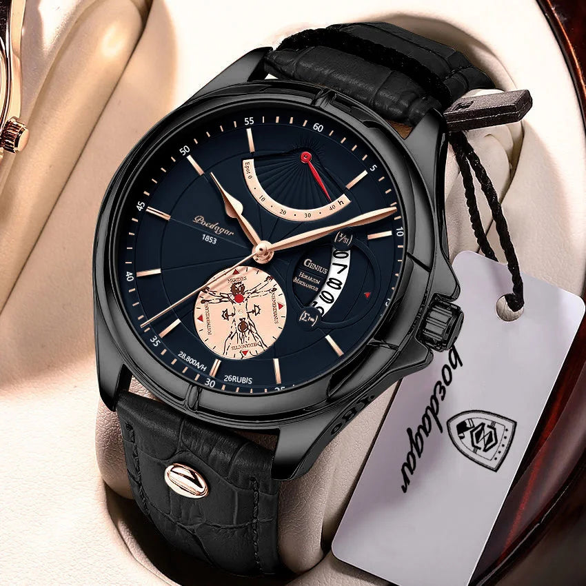 POEDAGAR quartz-polshorloge voor heren – Zakelijke, luxe stijl, waterdicht, verlicht, met datumweergave en leren band – Elegant herenhorloge