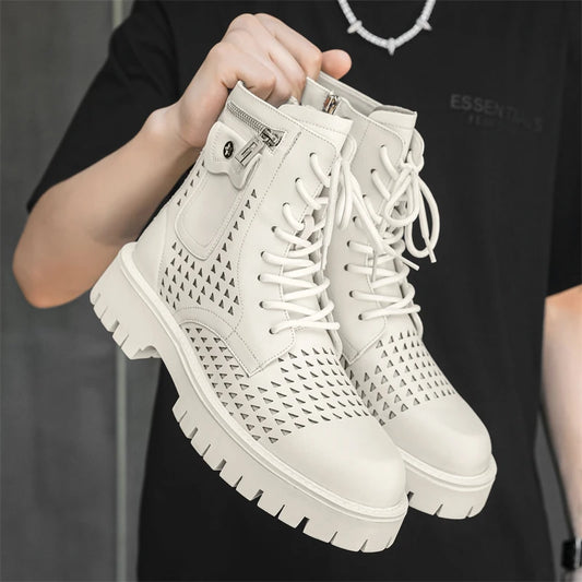 Non-Slip Men's High-Top Casual Leather Shoes Street Style Motorcycle Boots New Stylish Ankle Boots Thick Sole Walking Footwear