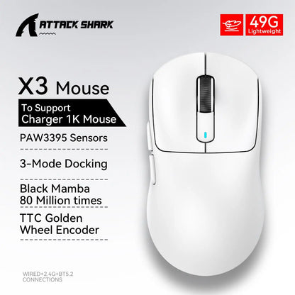 Bezdrátová herní myš X3 ATTACK SHARK v červené barvě, 4K návratnost, Bluetooth tri-mode připojení, PAW3395, makro Bluetooth herní myš