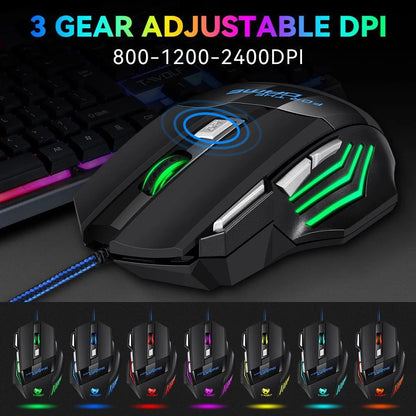 Mouse da gaming cablato KEBIDUMEI, 7 pulsanti, retroilluminazione RGB, mouse USB ergonomico, 2400 DPI, 3 livelli DPI, per PC, laptop, Windows e Mac OS