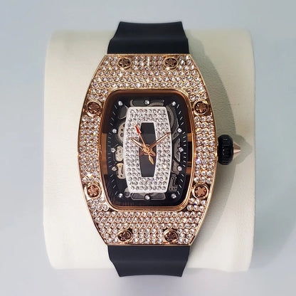 Luxury Diamond Watch For Women Elegant Tonneau Original Design Watches Fashion Ice Out Sport Rubber Strap Waterproof Mille Clock